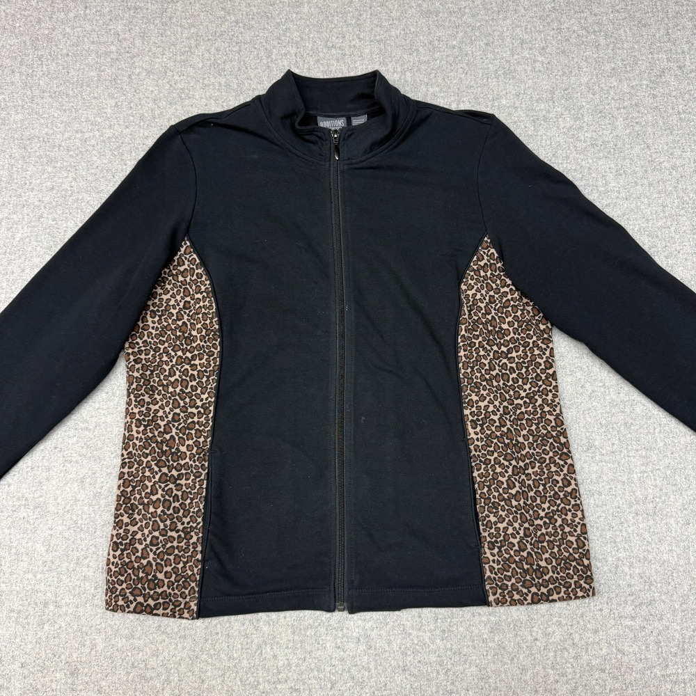 Chico's Additions Full Zip Jacket Size 3 Black Leopard Print Mock Neck Active